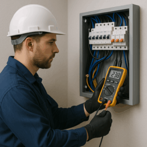 مهندس يستخدم Multimeter لقياس الكهرباء في لوحة توزيع.