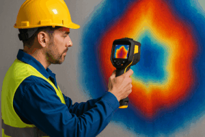 مهندس يحمل كاميرا حرارية ويقوم بمسح جدار يظهر عليه ألوان حرارية .